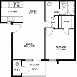Floor plan for 1 bed, 1 bath, 566 sqft